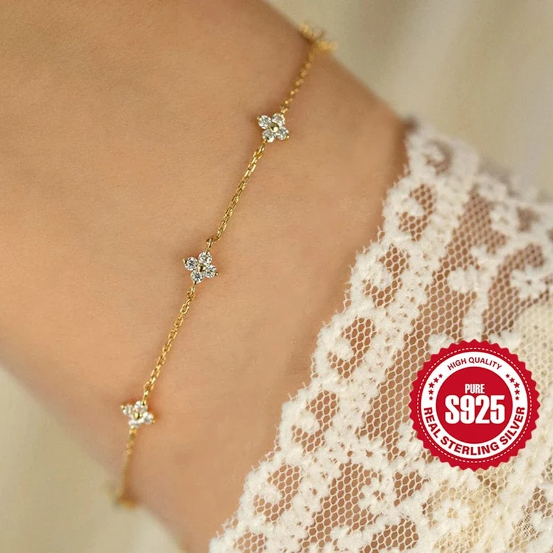 CANNER Echt S925 Sterling Silber Mini Zirkon Blume Anhänger Armband Kette für frauen Edlen Schmuck Geschenke Gold Armbänder Armreifen