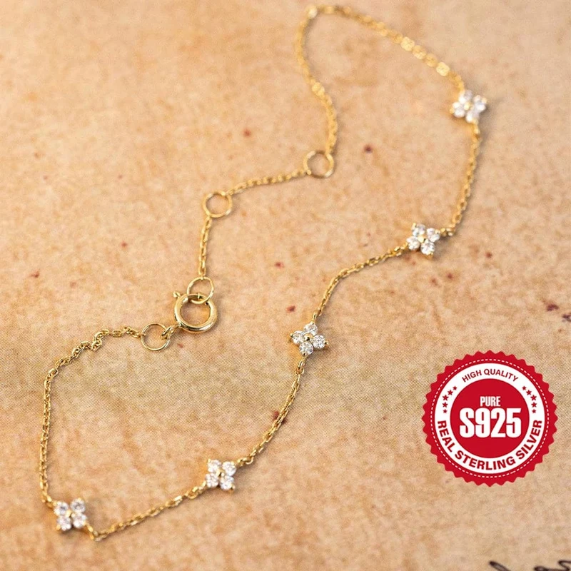 CANNER Echt S925 Sterling Silber Mini Zirkon Blume Anhänger Armband Kette für frauen Edlen Schmuck Geschenke Gold Armbänder Armreifen