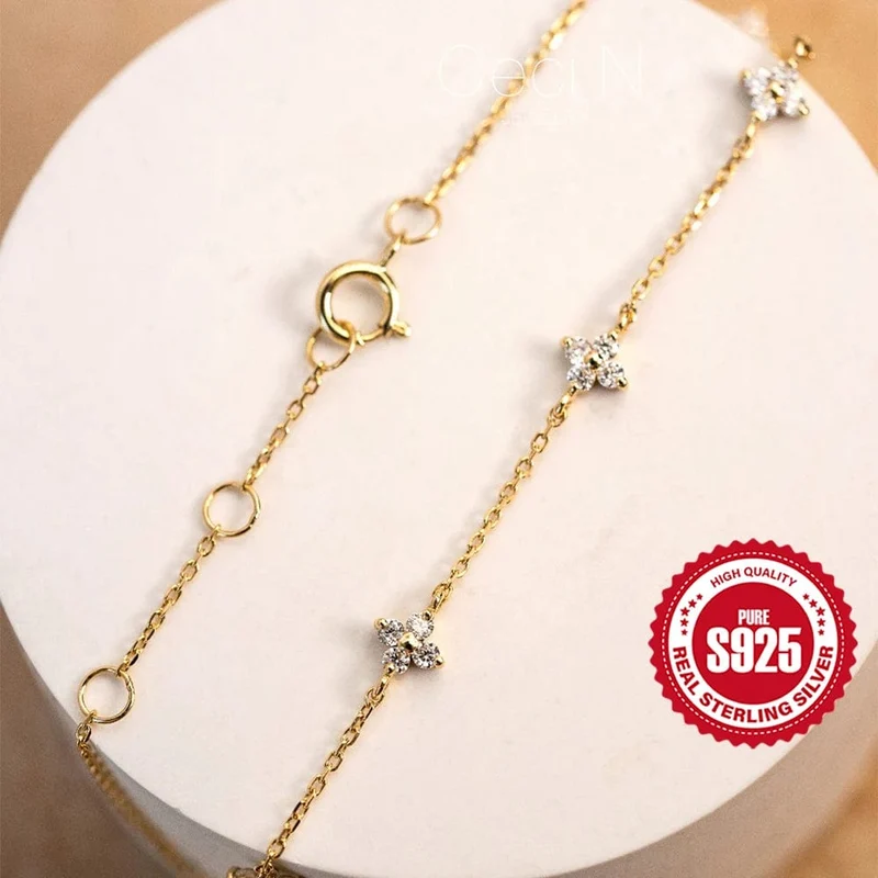 CANNER Echt S925 Sterling Silber Mini Zirkon Blume Anhänger Armband Kette für frauen Edlen Schmuck Geschenke Gold Armbänder Armreifen