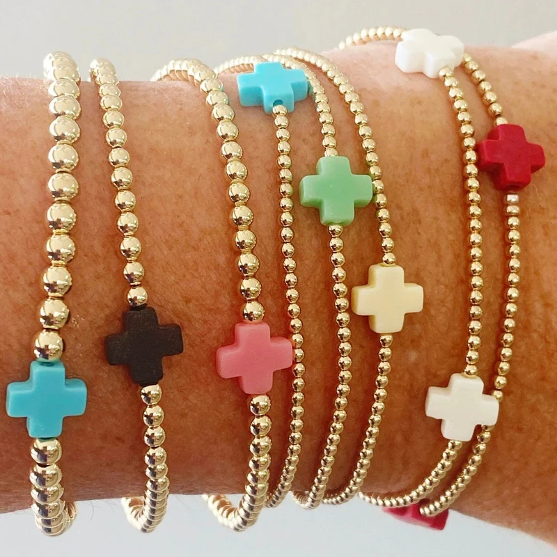 Vlen Kreuzarmband, stapelbar, vergoldet, 18 Karat, wasserdicht, Design-Armbänder für Frauen, Schmuck, Naturstein, Boho, Sommer-Pulseras