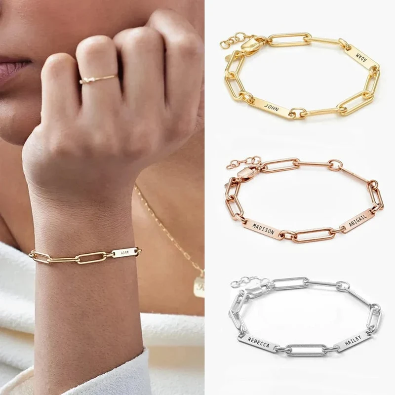Individuelles graviertes Namensarmband, luxuriöser goldener Edelstahlschmuck für Frauen, personalisiertes verstellbares Armband mit Büroklammerkette