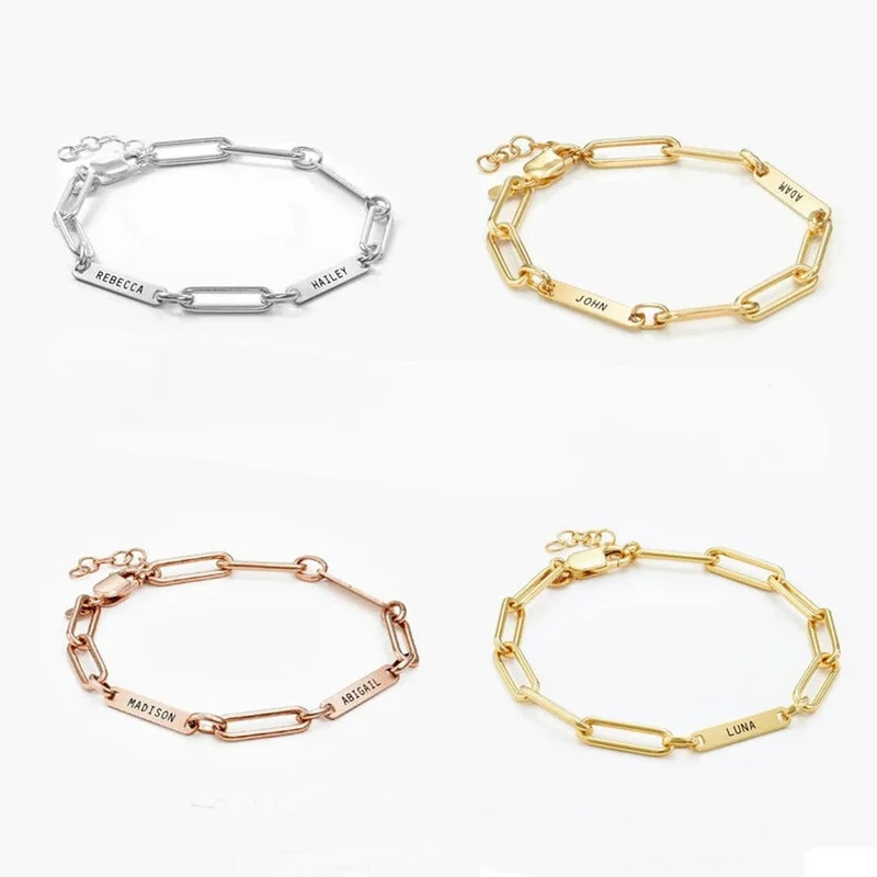 Individuelles graviertes Namensarmband, luxuriöser goldener Edelstahlschmuck für Frauen, personalisiertes verstellbares Armband mit Büroklammerkette