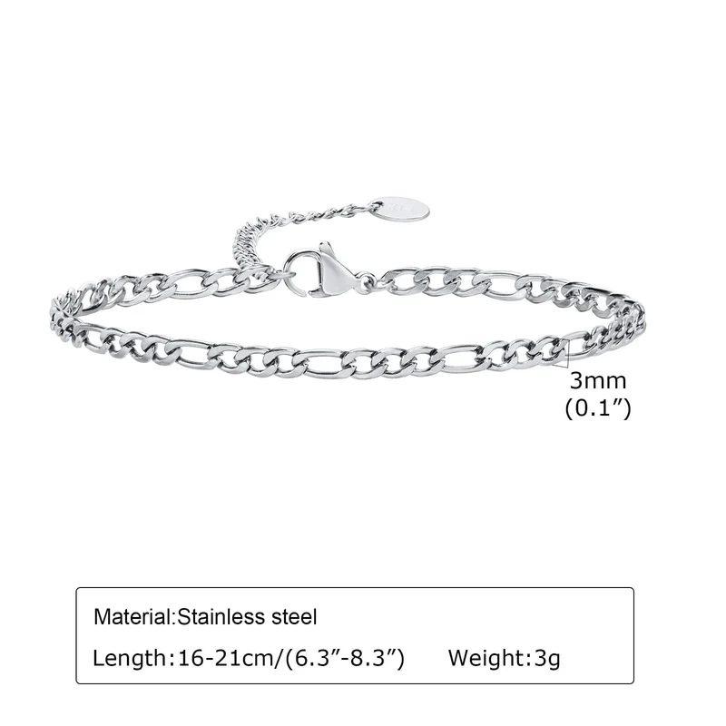 Vnox 3/5 mm breite Figaro-Kettenarmbänder für Frauen und Männer, antiallergisches Edelstahl-Gliederkettenarmband, Länge verstellbar