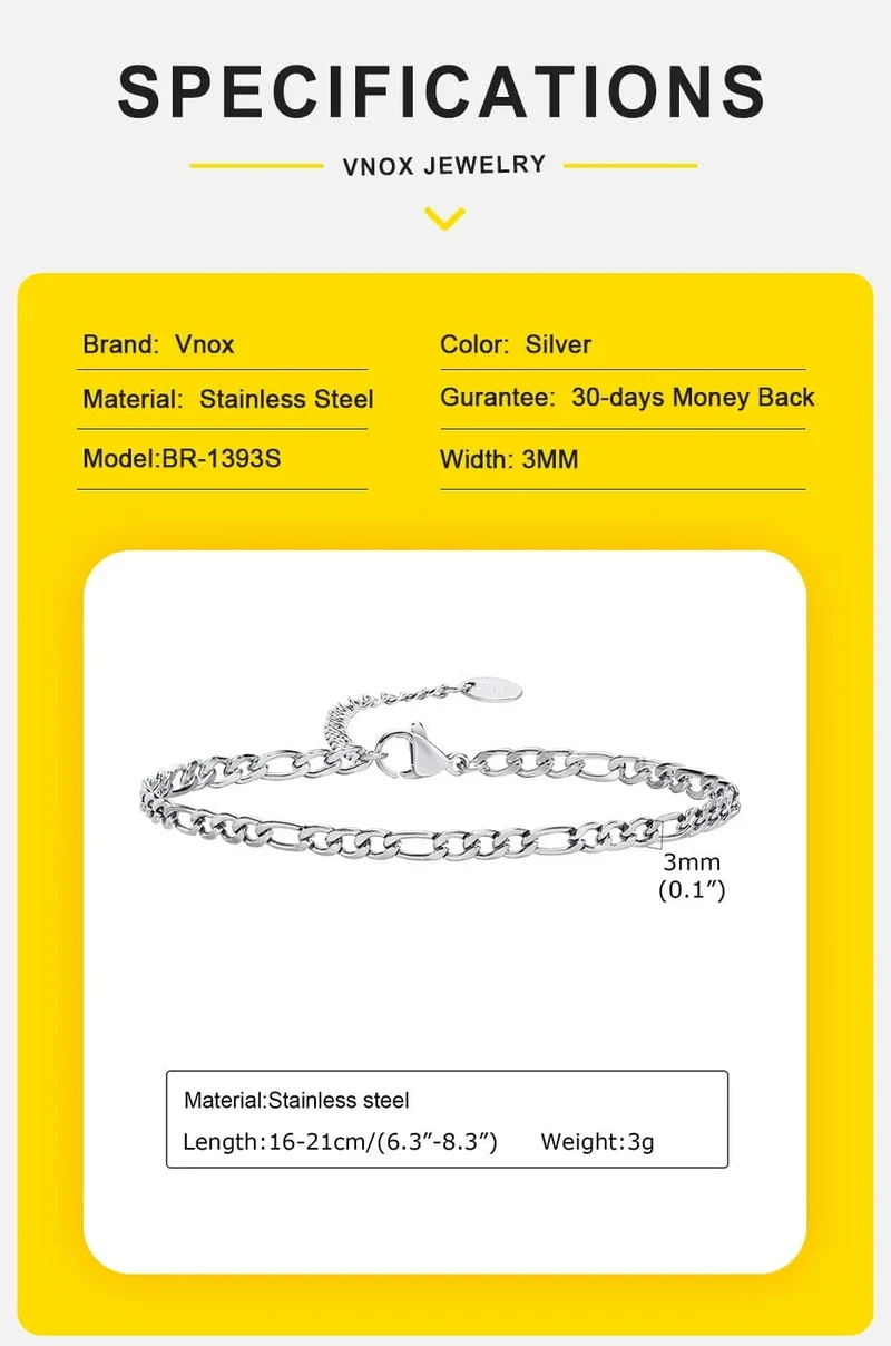 Vnox 3/5 mm breite Figaro-Kettenarmbänder für Frauen und Männer, antiallergisches Edelstahl-Gliederkettenarmband, Länge verstellbar