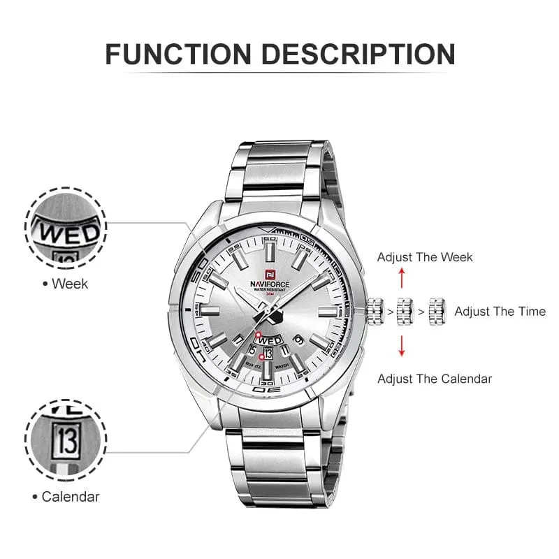 NAVIFORCE Klassische Freizeituhr für Männer aus Edelstahl, sportlich, wasserdicht, Quarzuhr mit Datumsanzeige, Relogio Masculino