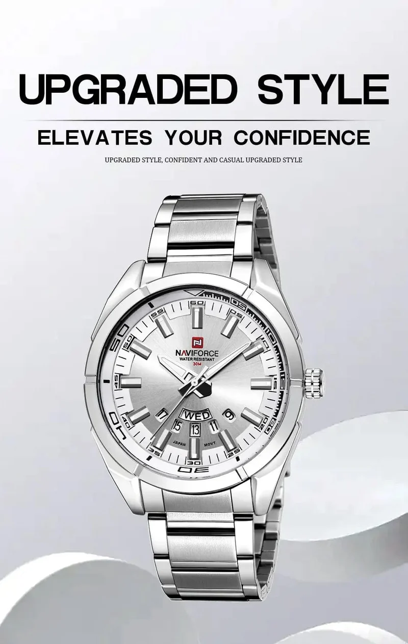NAVIFORCE Klassische Freizeituhr für Männer aus Edelstahl, sportlich, wasserdicht, Quarzuhr mit Datumsanzeige, Relogio Masculino