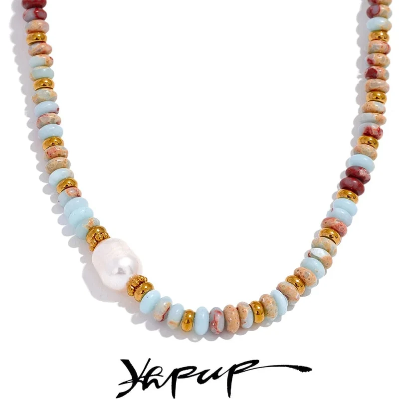 Yhpup Trendy Naturstein Süßwasser Perle Kragen Kette Halskette Edelstahl Handgemachte Stilvolle Perlen Schmuck Bijoux Geschenk