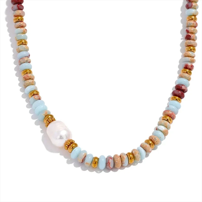 Yhpup Trendy Naturstein Süßwasser Perle Kragen Kette Halskette Edelstahl Handgemachte Stilvolle Perlen Schmuck Bijoux Geschenk