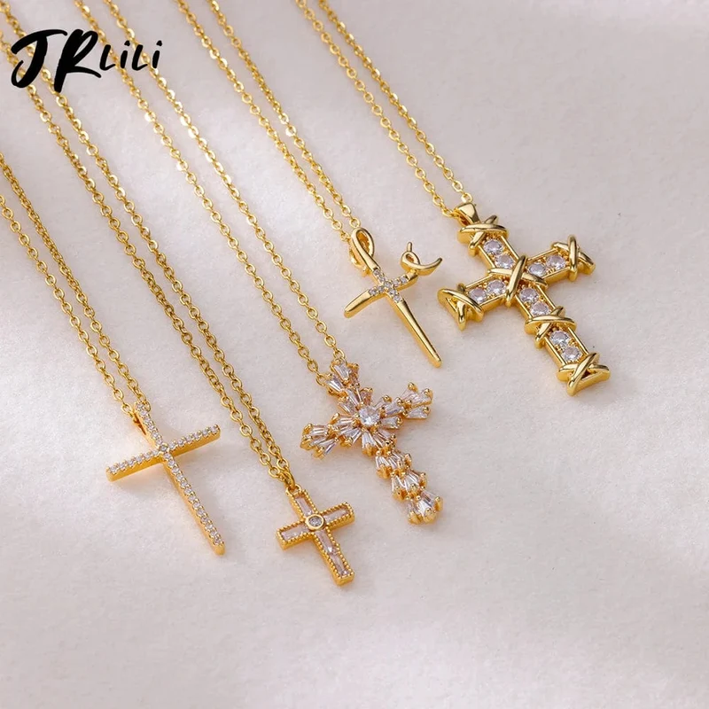 Zirkon Kreuz Anhänger Halskette für Frauen Gold Farbe Edelstahl Kragen Neckalces 2024 Trend Goth Party Hochzeit Schmuck Geschenke