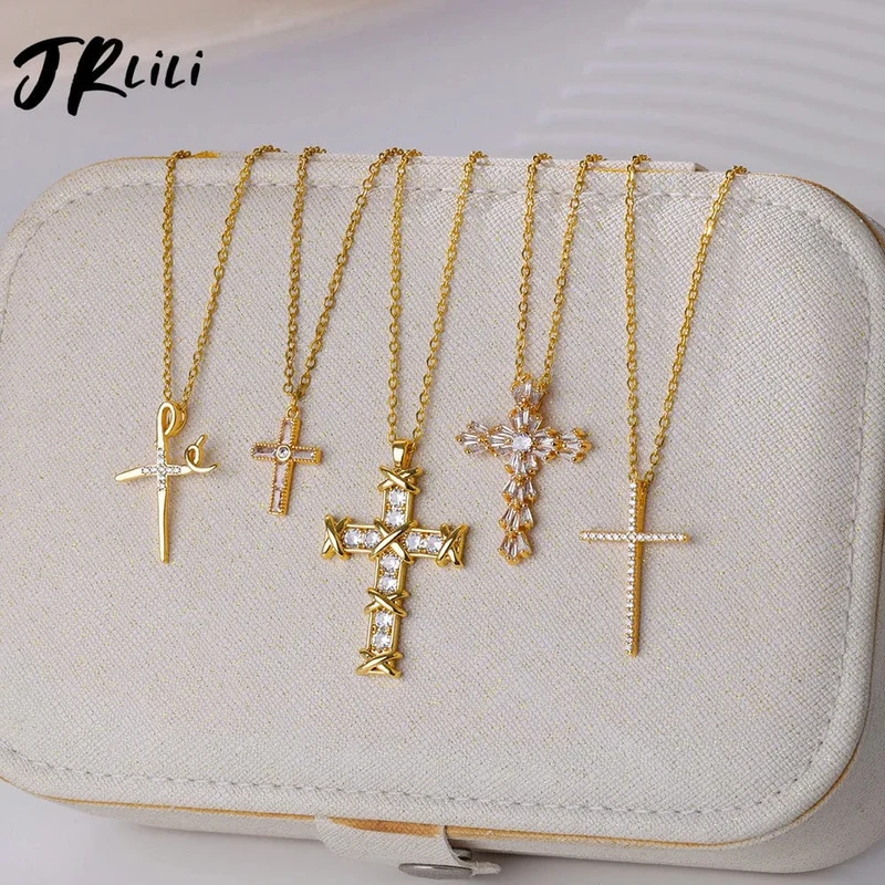 Zirkon Kreuz Anhänger Halskette für Frauen Gold Farbe Edelstahl Kragen Neckalces 2024 Trend Goth Party Hochzeit Schmuck Geschenke