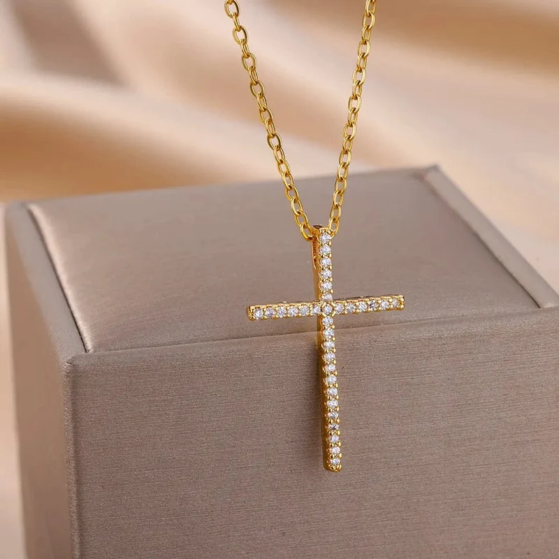 Zirkon Kreuz Anhänger Halskette für Frauen Gold Farbe Edelstahl Kragen Neckalces 2024 Trend Goth Party Hochzeit Schmuck Geschenke