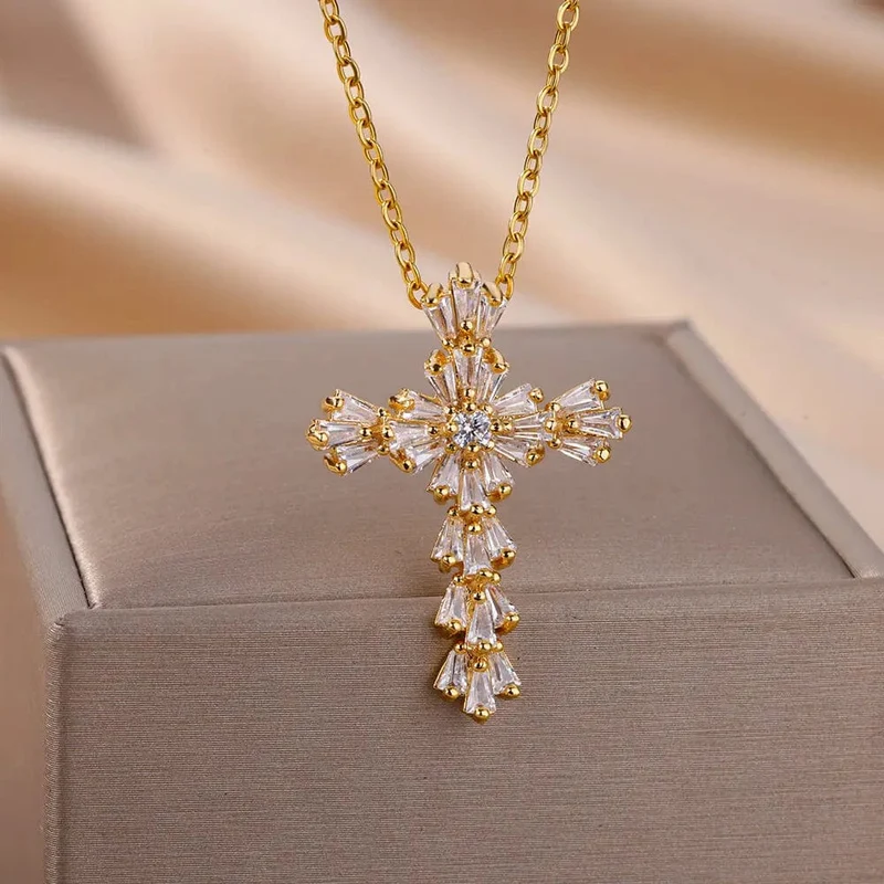 Zirkon Kreuz Anhänger Halskette für Frauen Gold Farbe Edelstahl Kragen Neckalces 2024 Trend Goth Party Hochzeit Schmuck Geschenke
