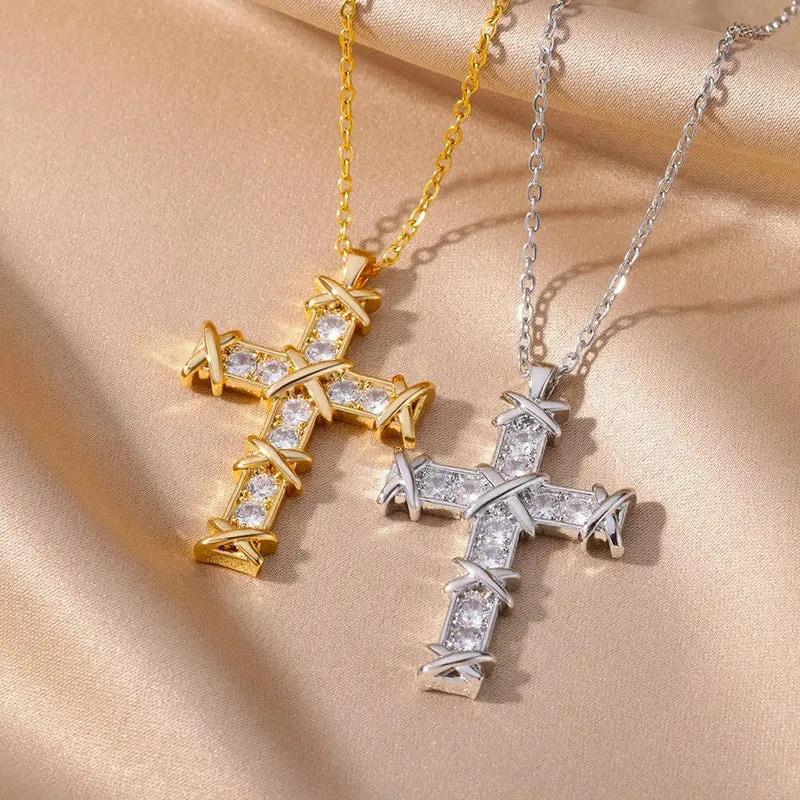 Zirkon Kreuz Anhänger Halskette für Frauen Gold Farbe Edelstahl Kragen Neckalces 2024 Trend Goth Party Hochzeit Schmuck Geschenke