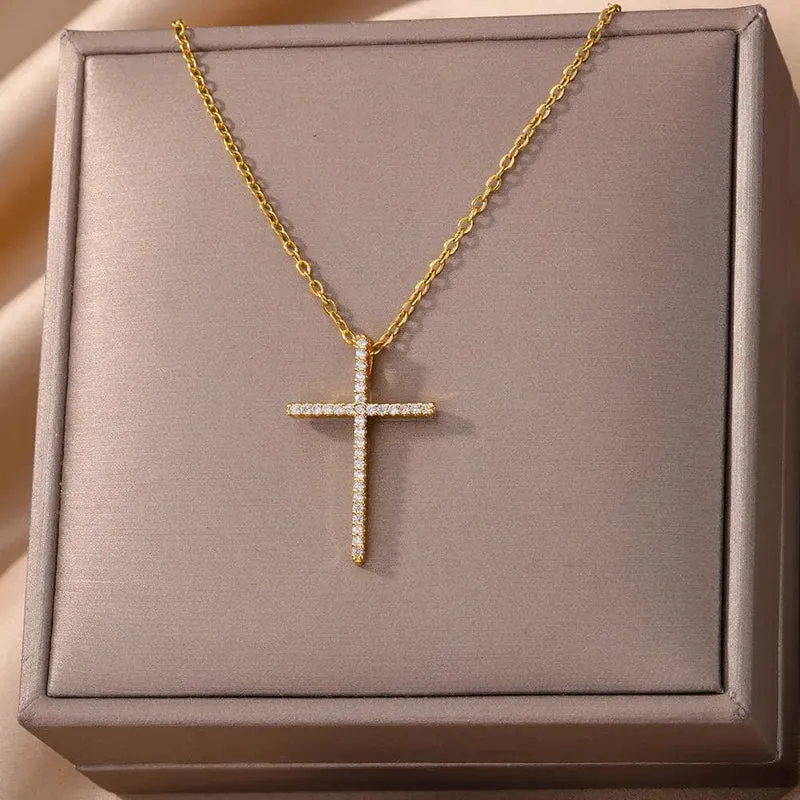 Zirkon Kreuz Anhänger Halskette für Frauen Gold Farbe Edelstahl Kragen Neckalces 2024 Trend Goth Party Hochzeit Schmuck Geschenke