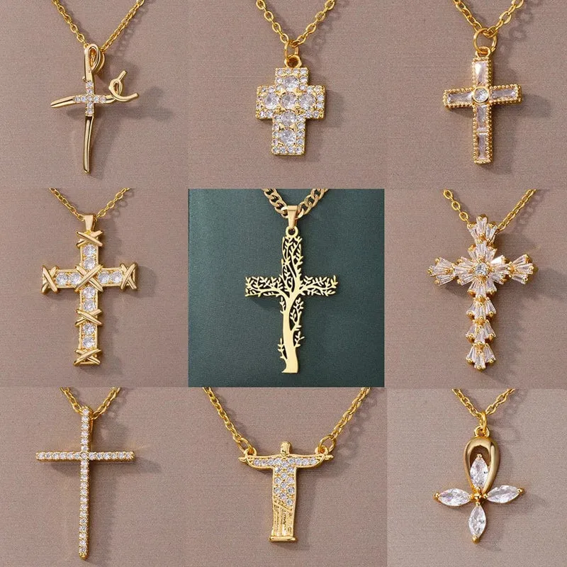 Zirkon Kreuz Anhänger Halskette für Frauen Gold Farbe Edelstahl Kragen Neckalces 2024 Trend Goth Party Hochzeit Schmuck Geschenke