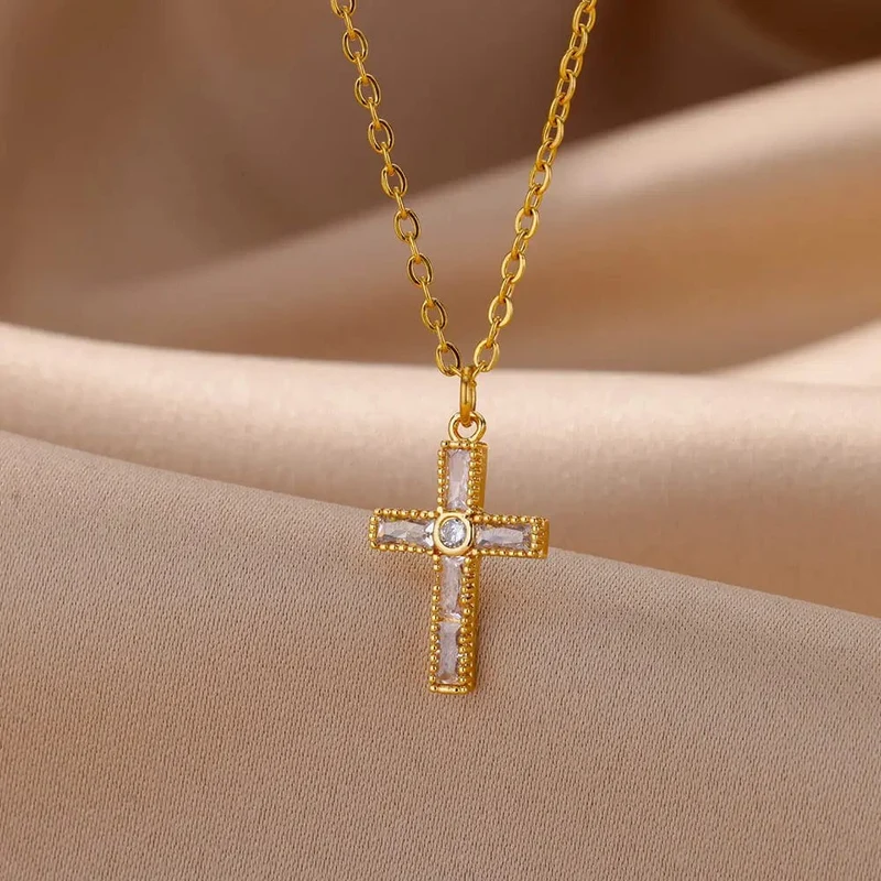 Zirkon Kreuz Anhänger Halskette für Frauen Gold Farbe Edelstahl Kragen Neckalces 2024 Trend Goth Party Hochzeit Schmuck Geschenke