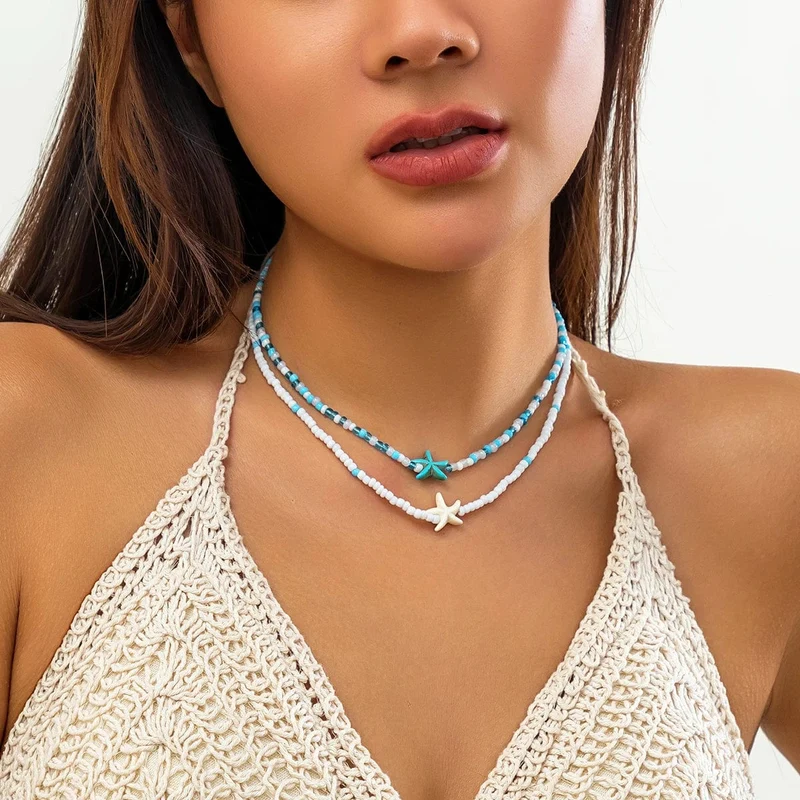 Mehrlagige kleine Rocailles-Ketten mit Seestern-Schildkröten-Halskette für Frauen, trendiger Kragen am Hals, 2023, Modeschmuck für Frauen