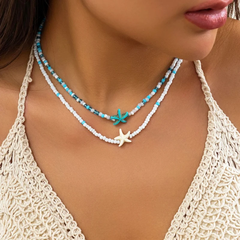 Mehrlagige kleine Rocailles-Ketten mit Seestern-Schildkröten-Halskette für Frauen, trendiger Kragen am Hals, 2023, Modeschmuck für Frauen
