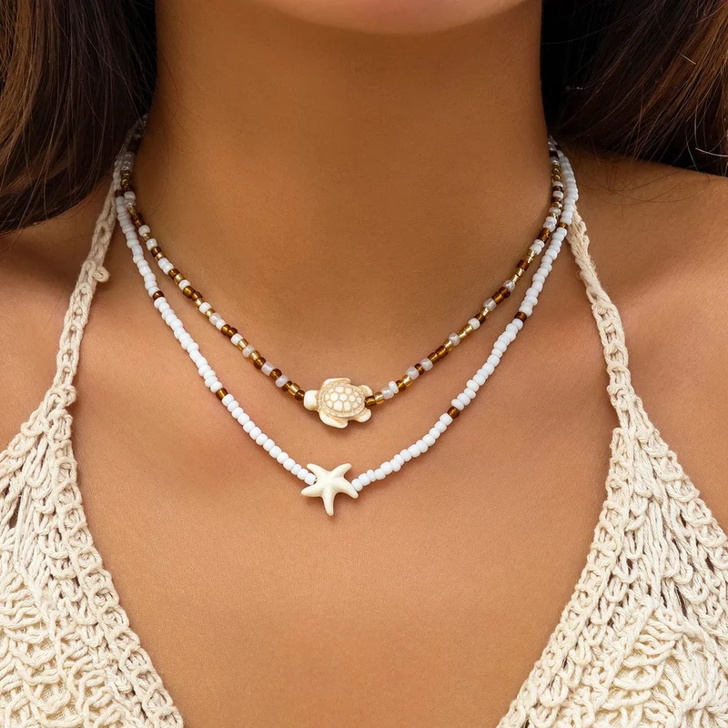 Mehrlagige kleine Rocailles-Ketten mit Seestern-Schildkröten-Halskette für Frauen, trendiger Kragen am Hals, 2023, Modeschmuck für Frauen