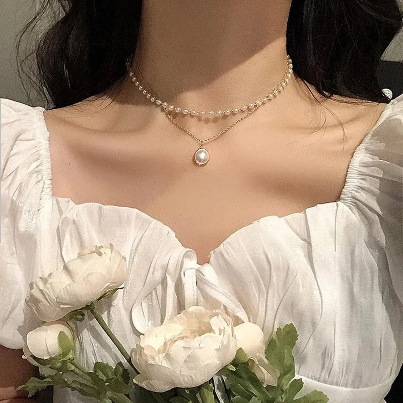 SUMENG 2024 Neue Mode Kpop Perle Halsband Halskette Nette Doppel Schicht Kette Anhänger Für Frauen Schmuck Mädchen Geschenk