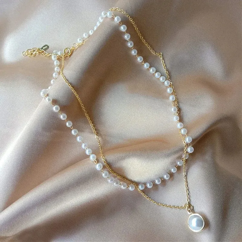 SUMENG 2024 Neue Mode Kpop Perle Halsband Halskette Nette Doppel Schicht Kette Anhänger Für Frauen Schmuck Mädchen Geschenk