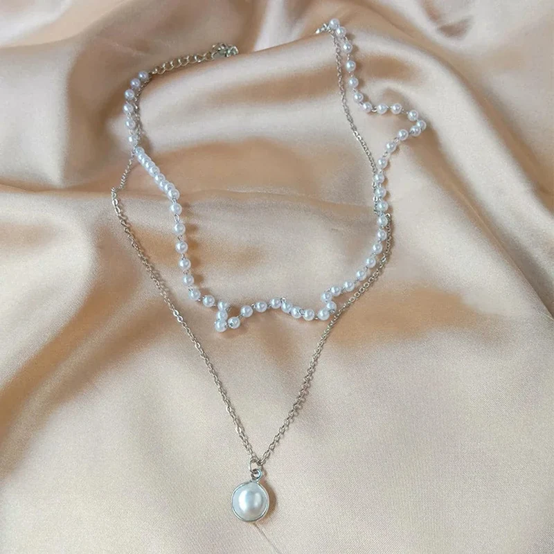 SUMENG 2024 Neue Mode Kpop Perle Halsband Halskette Nette Doppel Schicht Kette Anhänger Für Frauen Schmuck Mädchen Geschenk