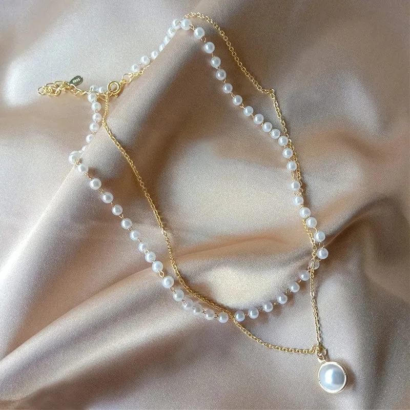 SUMENG 2024 Neue Mode Kpop Perle Halsband Halskette Nette Doppel Schicht Kette Anhänger Für Frauen Schmuck Mädchen Geschenk
