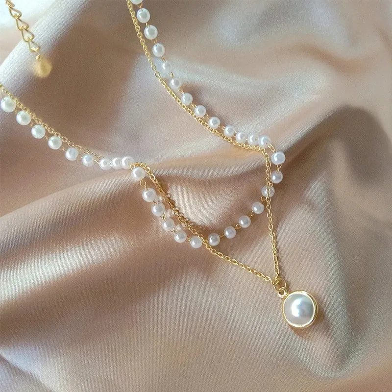 SUMENG 2024 Neue Mode Kpop Perle Halsband Halskette Nette Doppel Schicht Kette Anhänger Für Frauen Schmuck Mädchen Geschenk