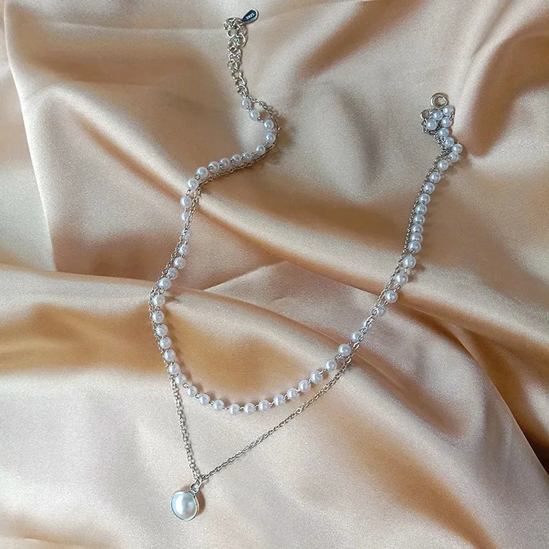 SUMENG 2024 Neue Mode Kpop Perle Halsband Halskette Nette Doppel Schicht Kette Anhänger Für Frauen Schmuck Mädchen Geschenk