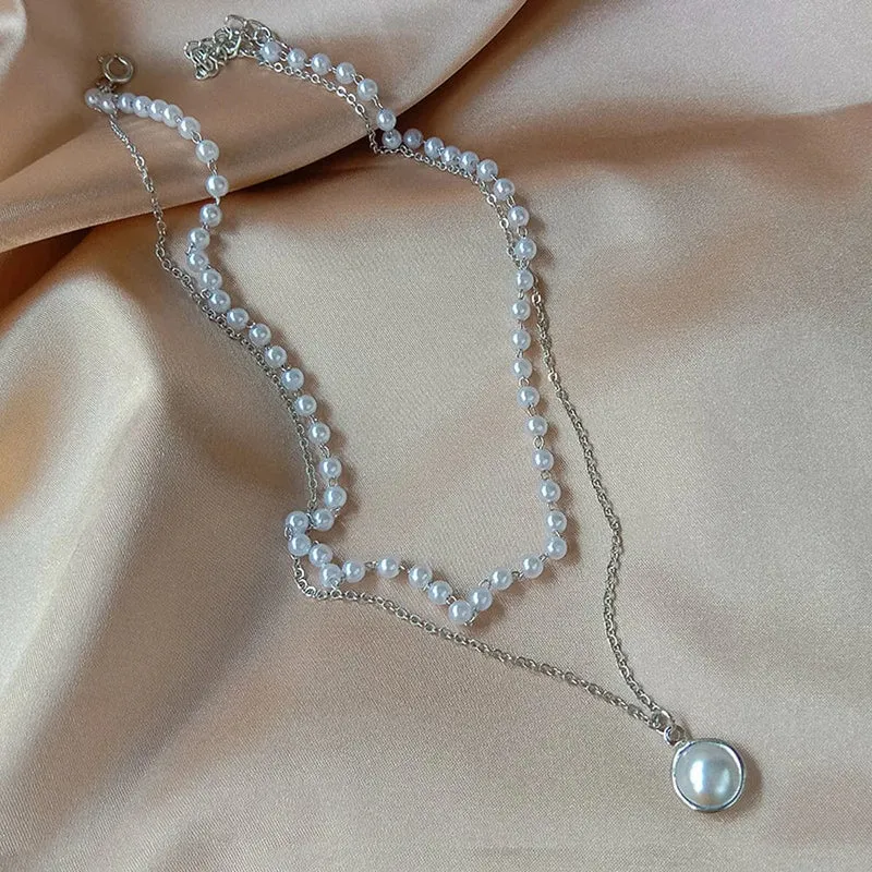 SUMENG 2024 Neue Mode Kpop Perle Halsband Halskette Nette Doppel Schicht Kette Anhänger Für Frauen Schmuck Mädchen Geschenk