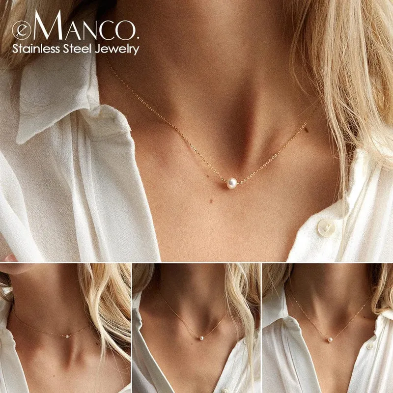 e-Manco Edelstahl-Halsband mit Perlenimitat für Damen, goldfarben, mehrlagige Halskette