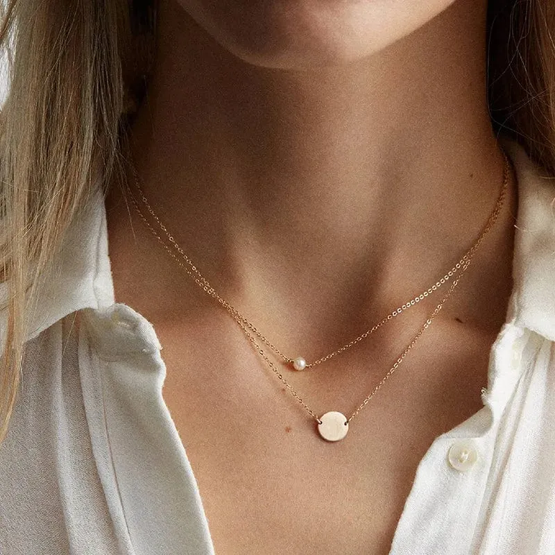 e-Manco Edelstahl-Halsband mit Perlenimitat für Damen, goldfarben, mehrlagige Halskette