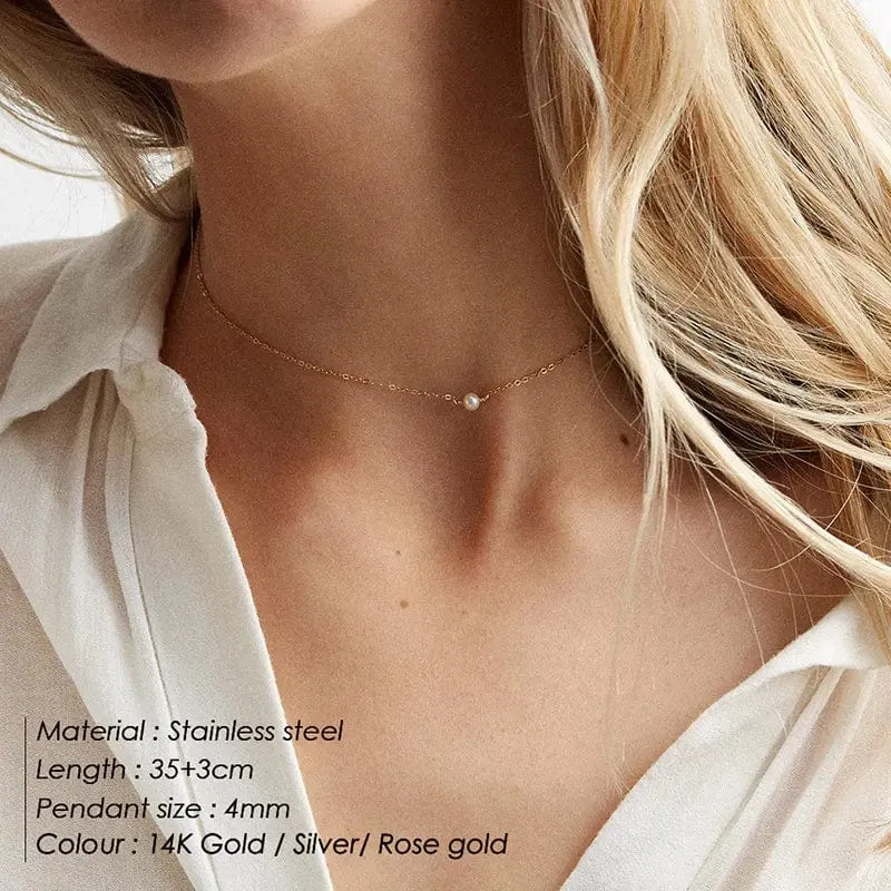 e-Manco Edelstahl-Halsband mit Perlenimitat für Damen, goldfarben, mehrlagige Halskette