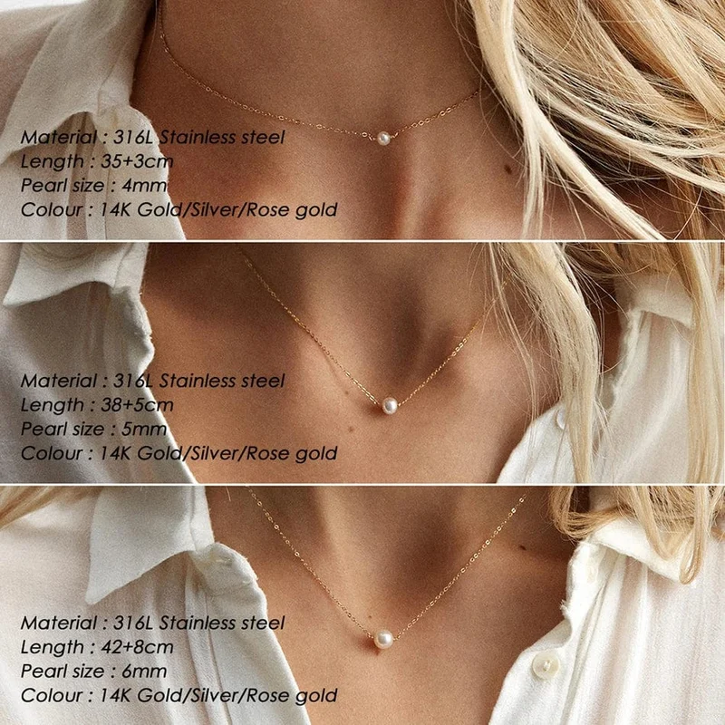 e-Manco Edelstahl-Halsband mit Perlenimitat für Damen, goldfarben, mehrlagige Halskette
