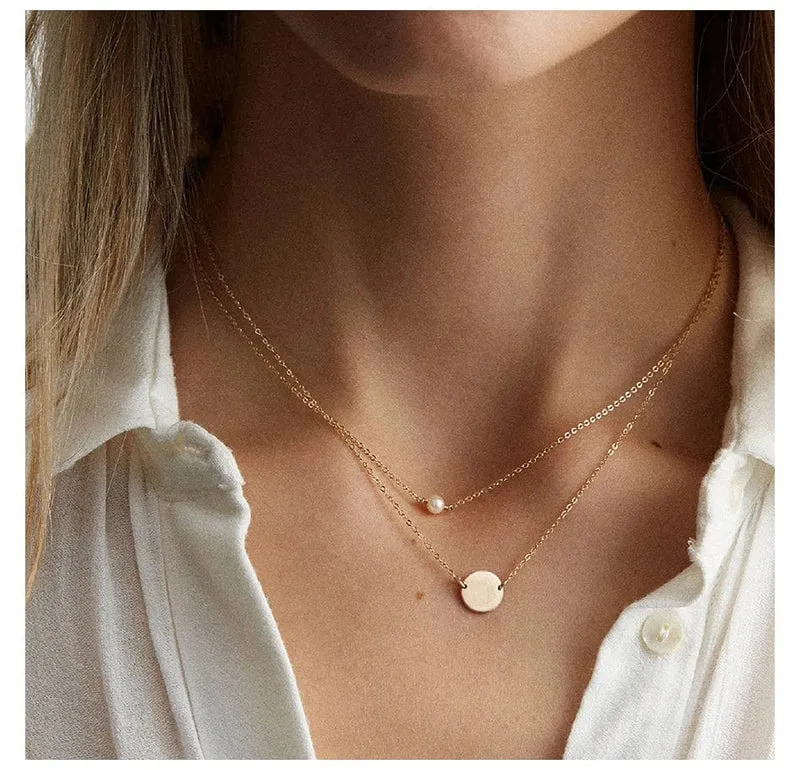 e-Manco Edelstahl-Halsband mit Perlenimitat für Damen, goldfarben, mehrlagige Halskette