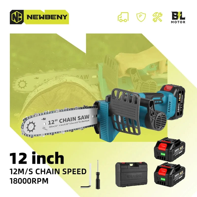 NEWBENY 12 Zoll bürstenlose elektrische Kettensäge, kabellos, wiederaufladbar, für die Holzbearbeitung, Garten, Astsäge, Werkzeug für Makita 18V Akku