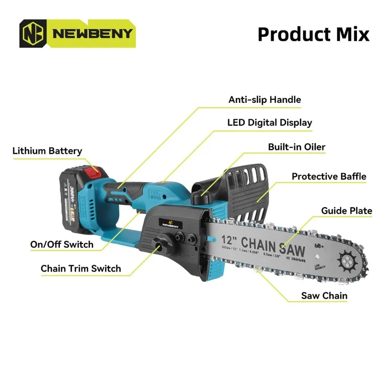NEWBENY 12 Zoll bürstenlose elektrische Kettensäge, kabellos, wiederaufladbar, für die Holzbearbeitung, Garten, Astsäge, Werkzeug für Makita 18V Akku