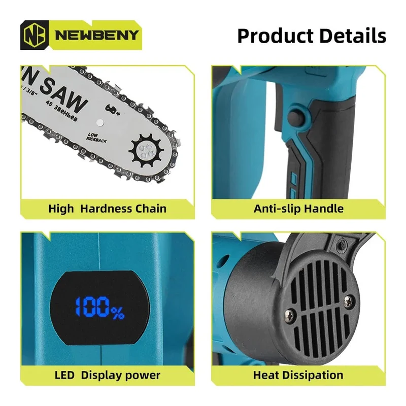 NEWBENY 12 Zoll bürstenlose elektrische Kettensäge, kabellos, wiederaufladbar, für die Holzbearbeitung, Garten, Astsäge, Werkzeug für Makita 18V Akku