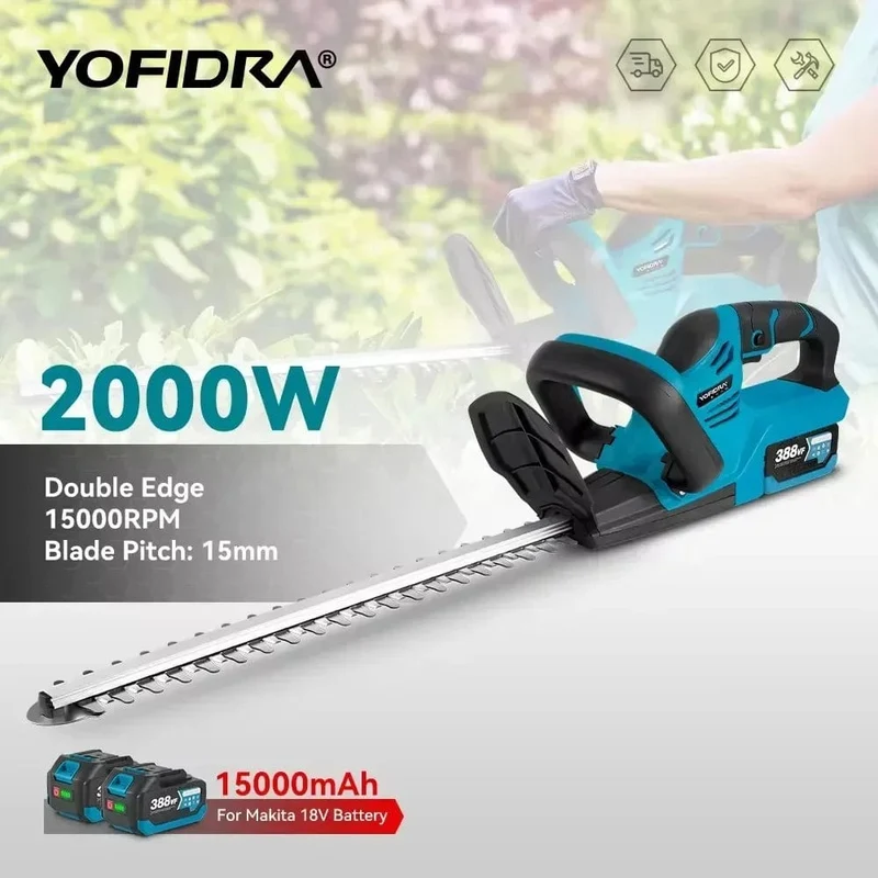YOFIDRA 2000W elektrische Heckenschere, effizientes, kabelloses, wiederaufladbares Elektrowerkzeug zum Beschneiden von Sträuchern für Makita 18V-Akku