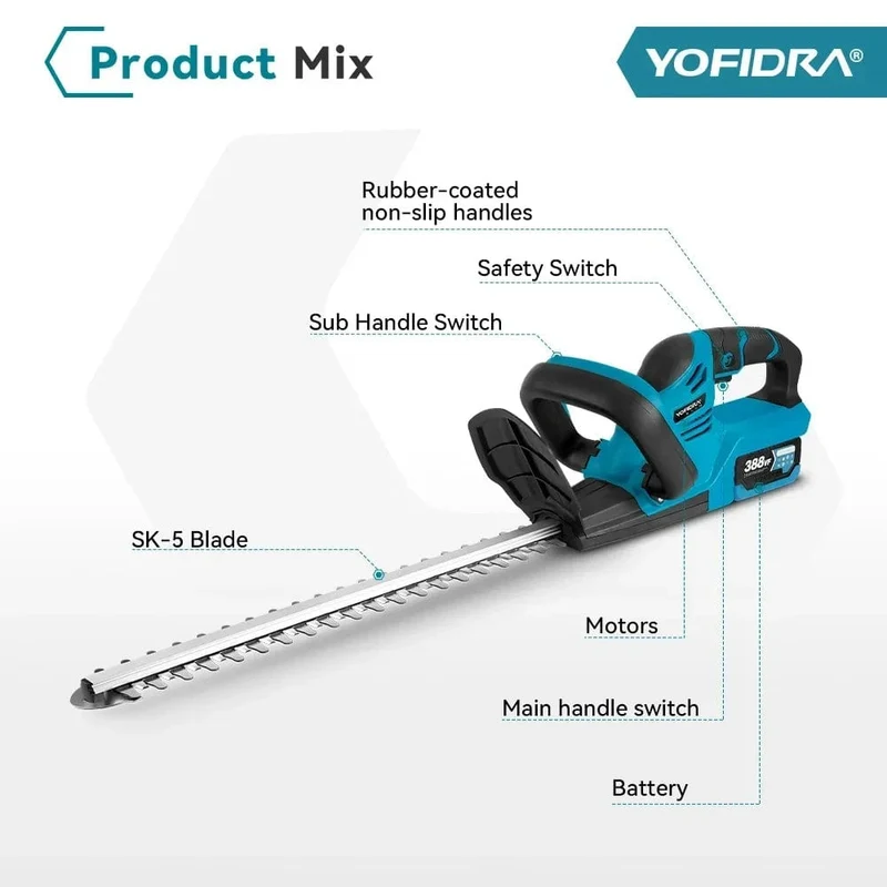 YOFIDRA 2000W elektrische Heckenschere, effizientes, kabelloses, wiederaufladbares Elektrowerkzeug zum Beschneiden von Sträuchern für Makita 18V-Akku