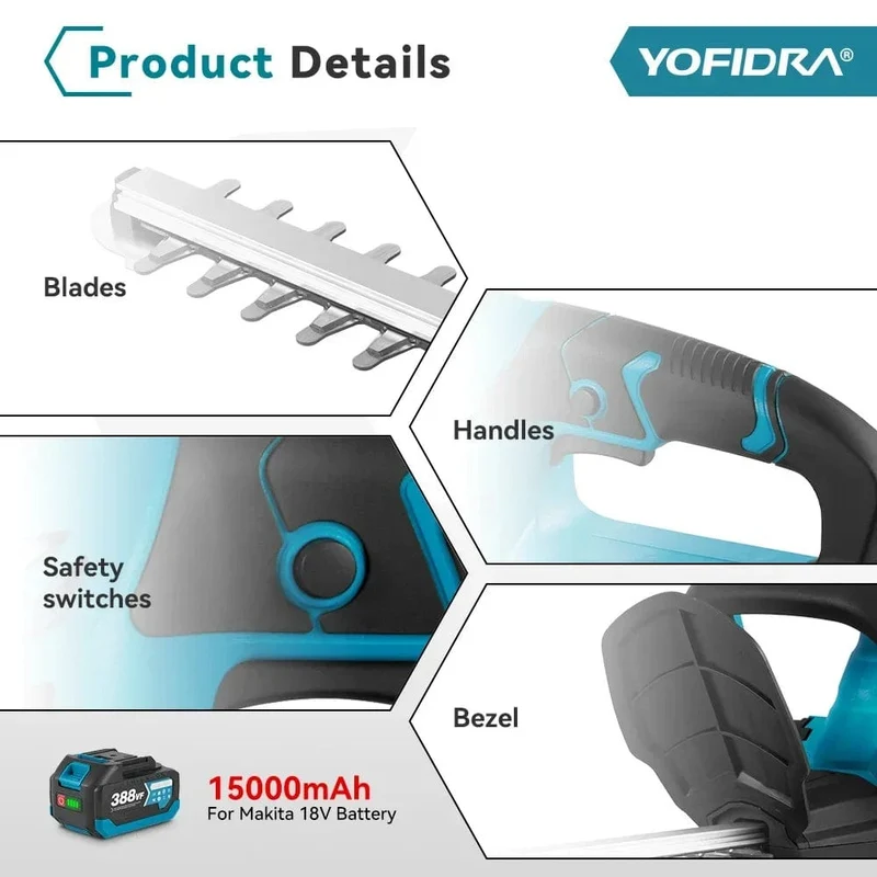 YOFIDRA 2000W elektrische Heckenschere, effizientes, kabelloses, wiederaufladbares Elektrowerkzeug zum Beschneiden von Sträuchern für Makita 18V-Akku
