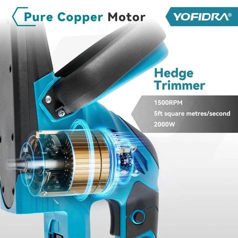 YOFIDRA 2000W elektrische Heckenschere, effizientes, kabelloses, wiederaufladbares Elektrowerkzeug zum Beschneiden von Sträuchern für Makita 18V-Akku