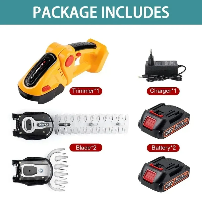 NEWBENY 2 IN 1 Handgehaltene elektrische Heckenschere, Gartengerät, 24 V, kabellos, wiederaufladbar, für den Haushalt, zum Jäten von Sträuchern und zum Beschneiden von Rasenmähern
