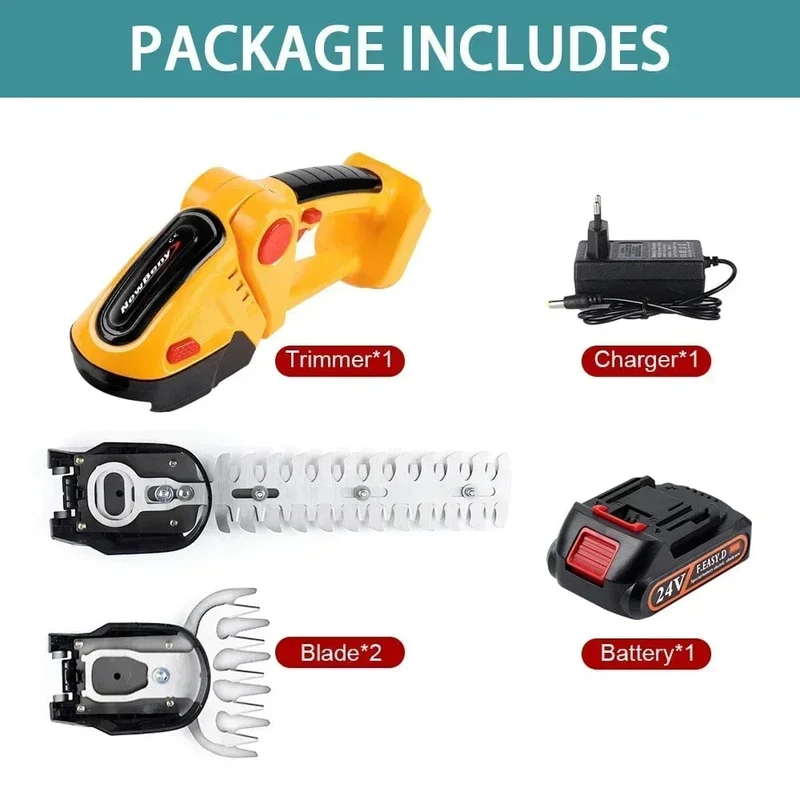 NEWBENY 2 IN 1 Handgehaltene elektrische Heckenschere, Gartengerät, 24 V, kabellos, wiederaufladbar, für den Haushalt, zum Jäten von Sträuchern und zum Beschneiden von Rasenmähern