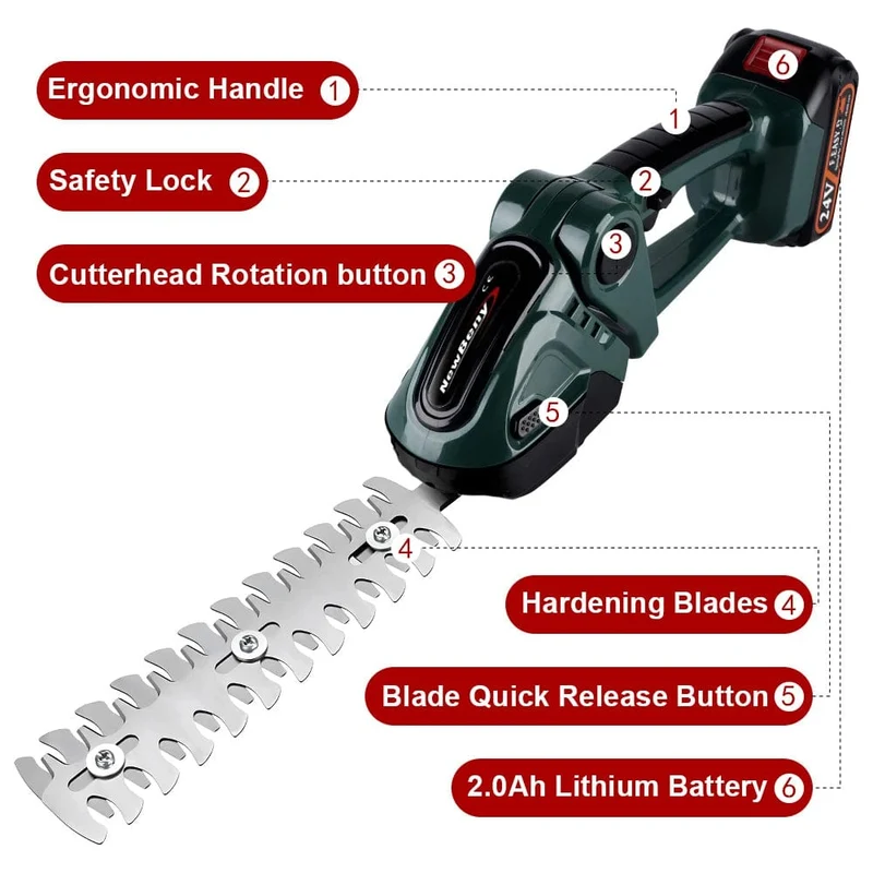 NEWBENY 2 IN 1 Handgehaltene elektrische Heckenschere, Gartengerät, 24 V, kabellos, wiederaufladbar, für den Haushalt, zum Jäten von Sträuchern und zum Beschneiden von Rasenmähern