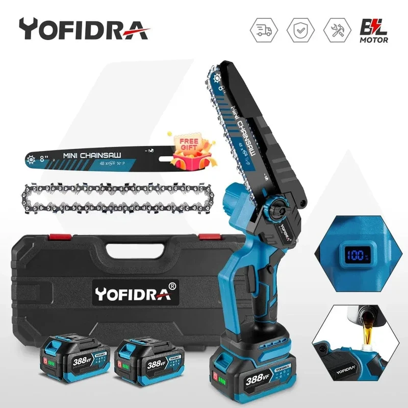 YOFIDRA Bürstenlose 8-Zoll-Elektrokettensäge, kabellos, wiederaufladbar, Astsäge, Holzbearbeitungs-Garten-Elektrowerkzeug für Makita 18-V-Akku