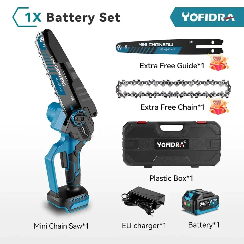 YOFIDRA Bürstenlose 8-Zoll-Elektrokettensäge, kabellos, wiederaufladbar, Astsäge, Holzbearbeitungs-Garten-Elektrowerkzeug für Makita 18-V-Akku