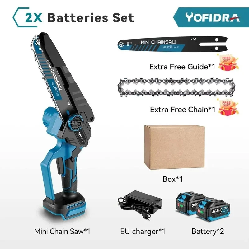 YOFIDRA Bürstenlose 8-Zoll-Elektrokettensäge, kabellos, wiederaufladbar, Astsäge, Holzbearbeitungs-Garten-Elektrowerkzeug für Makita 18-V-Akku