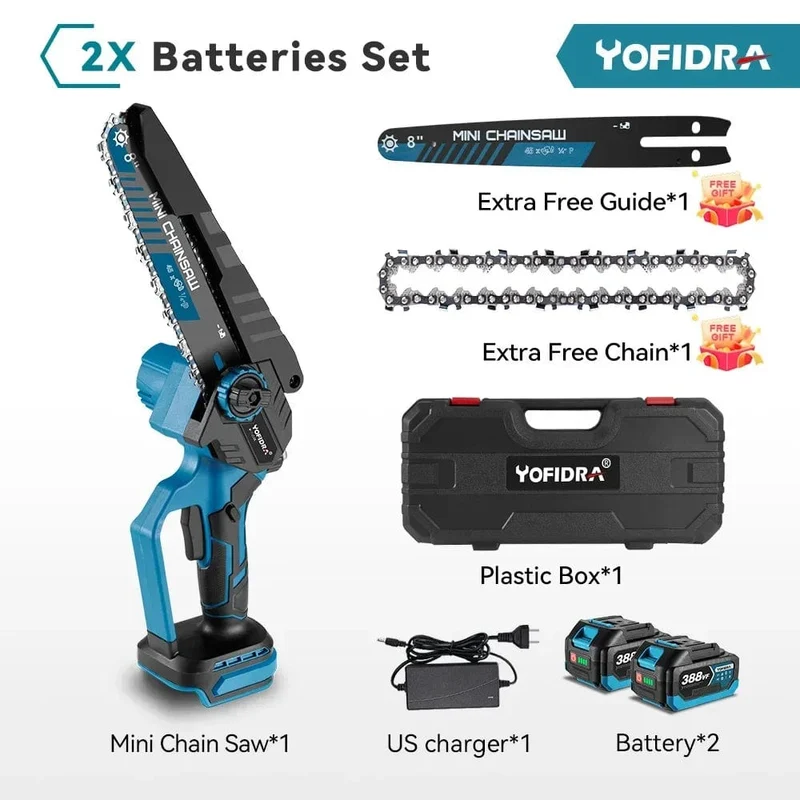 YOFIDRA Bürstenlose 8-Zoll-Elektrokettensäge, kabellos, wiederaufladbar, Astsäge, Holzbearbeitungs-Garten-Elektrowerkzeug für Makita 18-V-Akku