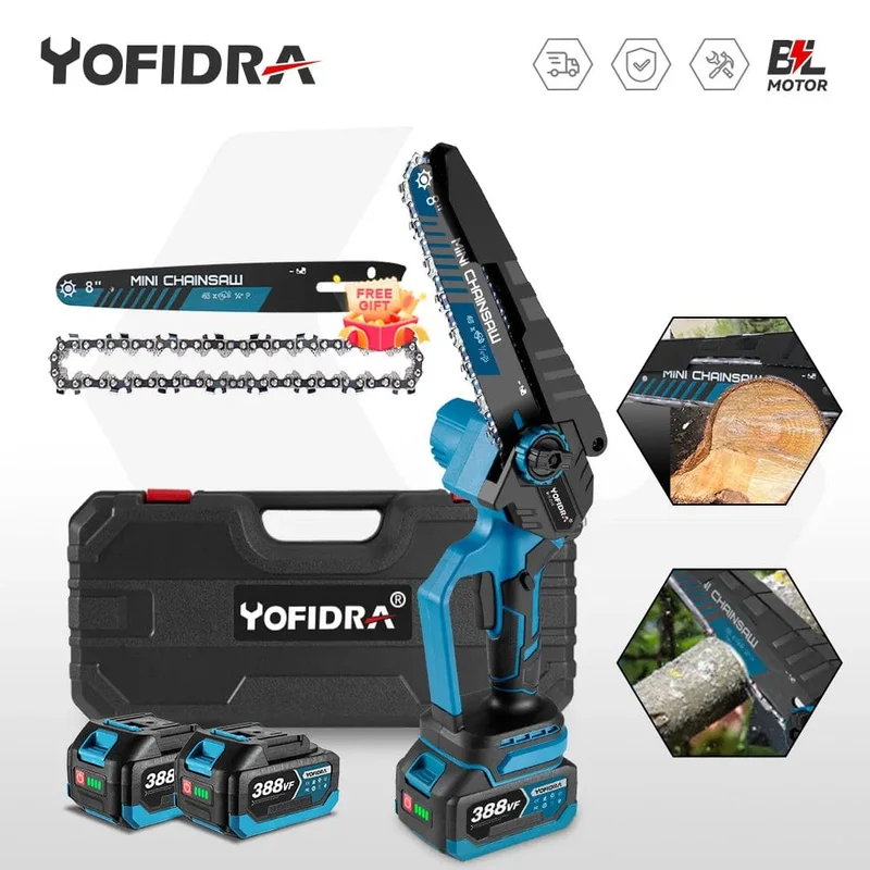 YOFIDRA Bürstenlose 8-Zoll-Elektrokettensäge, kabellos, wiederaufladbar, Astsäge, Holzbearbeitungs-Garten-Elektrowerkzeug für Makita 18-V-Akku